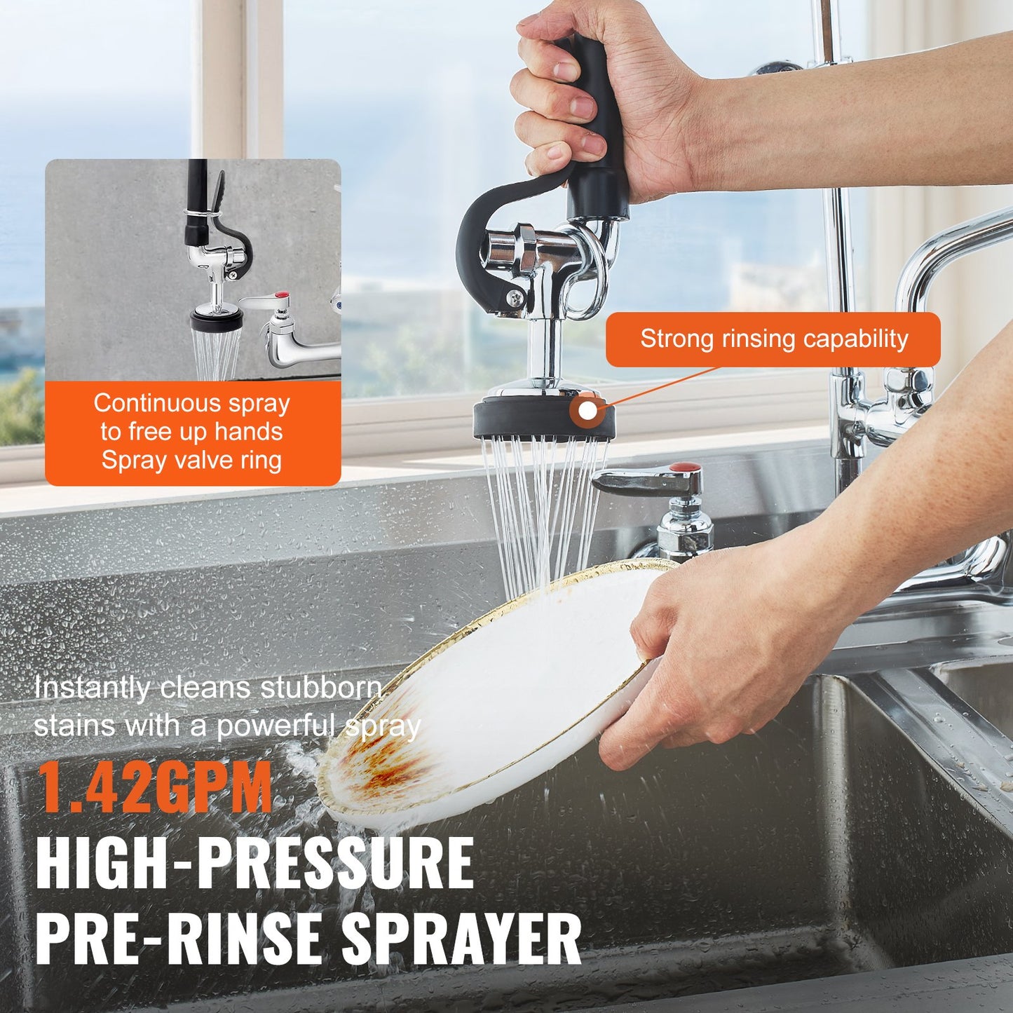 Commercial Faucet with Pre-Rinse Sprayer, 25" (63.5 cm) Height, 8" (20.3 cm) Center, 12" (30.5 cm) Swing Spout, Wall Mount Kitchen Sink Faucet, Brass Constructed Device with Pull Down Spray, for 1/2/3 Compartment Sink