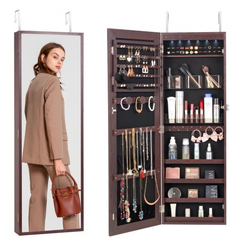 Mirror Jewelry Cabinet, 42.52-Inch Tall Lockable Jewelry Cabinet Armoire with Full-Length Mirror, Wall or Door Mounted Jewelry Mirror Organizer with LED Interior Lights and Velvet Lining, Brown