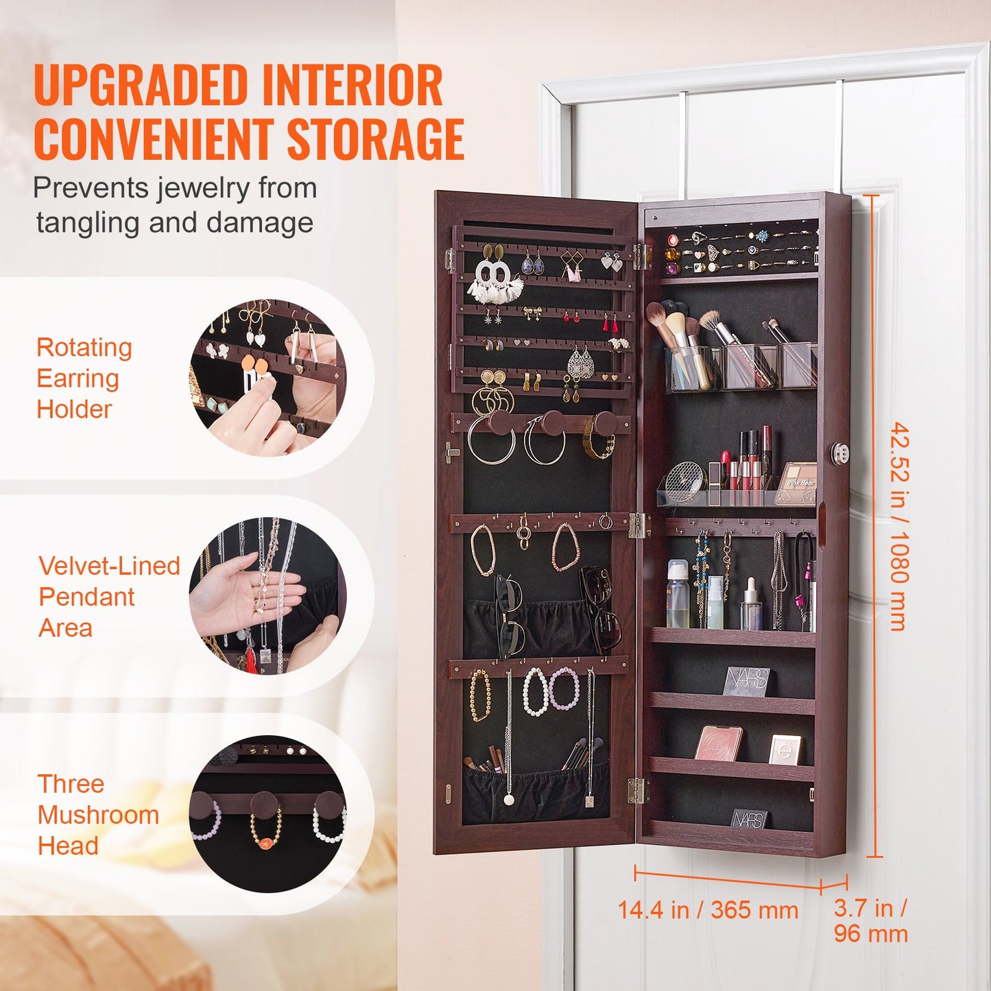 Mirror Jewelry Cabinet, 42.52-Inch Tall Lockable Jewelry Cabinet Armoire with Full-Length Mirror, Wall or Door Mounted Jewelry Mirror Organizer with LED Interior Lights and Velvet Lining, Brown