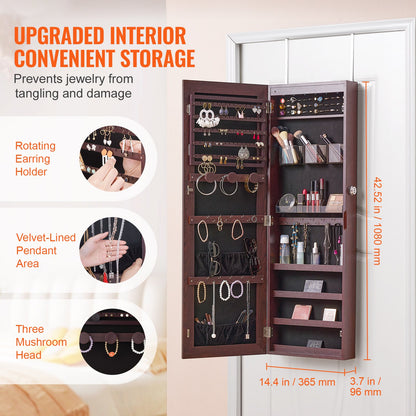 Mirror Jewelry Cabinet, 42.52-Inch Tall Lockable Jewelry Cabinet Armoire with Full-Length Mirror, Wall or Door Mounted Jewelry Mirror Organizer with LED Interior Lights and Velvet Lining, Brown