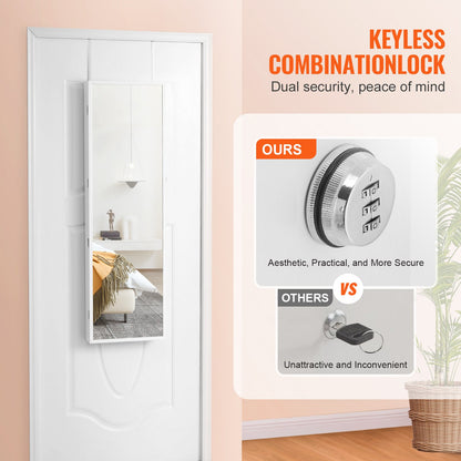 Spegelsmyckesskåp, 47,05-tums hög låsbar smyckesskåpskåp med hel längdspegel, vägg- eller dörrmonterad smyckesspegelorganisatör med LED-innerbelysning och sammetsfoder, vit