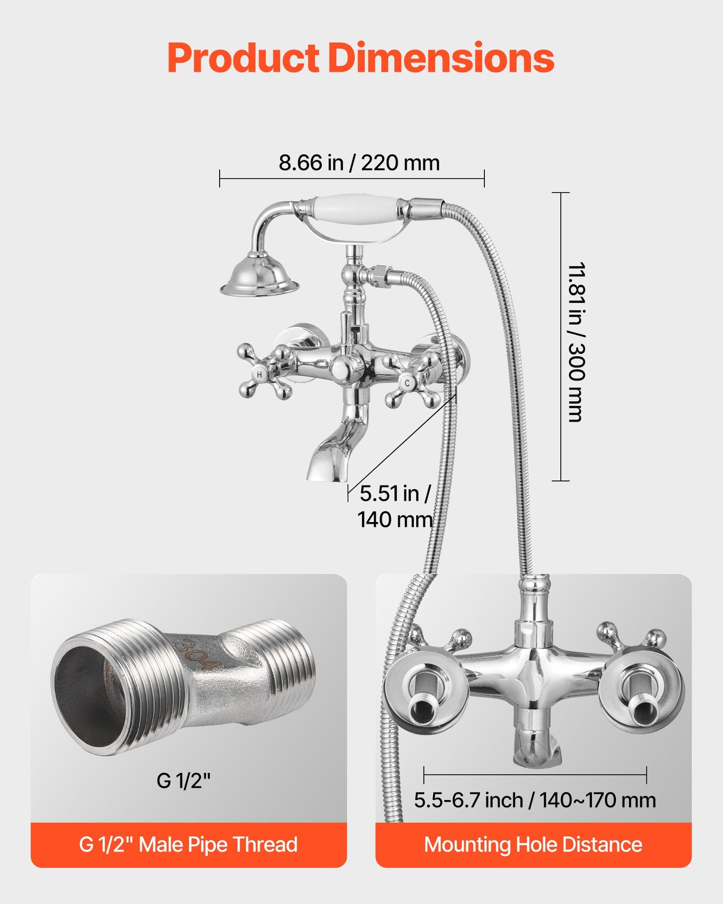 Badkarsblandare med klor, väggmonterade badkarsblandare med handhållen dusch, vintagepolerad kromad badkarsblandare med klor, duschkit med justerbara svängarmar och 360° roterande pip för badkar