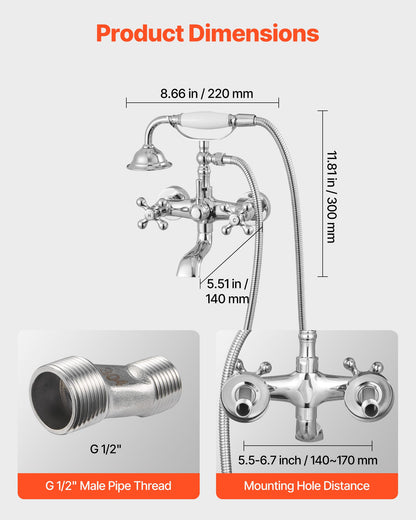 Badkarsblandare med klor, väggmonterade badkarsblandare med handhållen dusch, vintagepolerad kromad badkarsblandare med klor, duschkit med justerbara svängarmar och 360° roterande pip för badkar