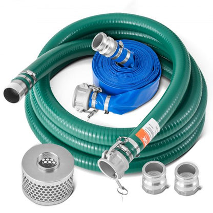 Suction Hose Kit for Water Pump, with 51 mm(2 in) x 19.8 m(65 ft) Blue Backwash Hose, 6.1 m(20 ft) Green Suction Hose, and Steel Round Hole Strainer, Camlocks, Clamps, Cam & Groove Adapter, for Multiple Purposes