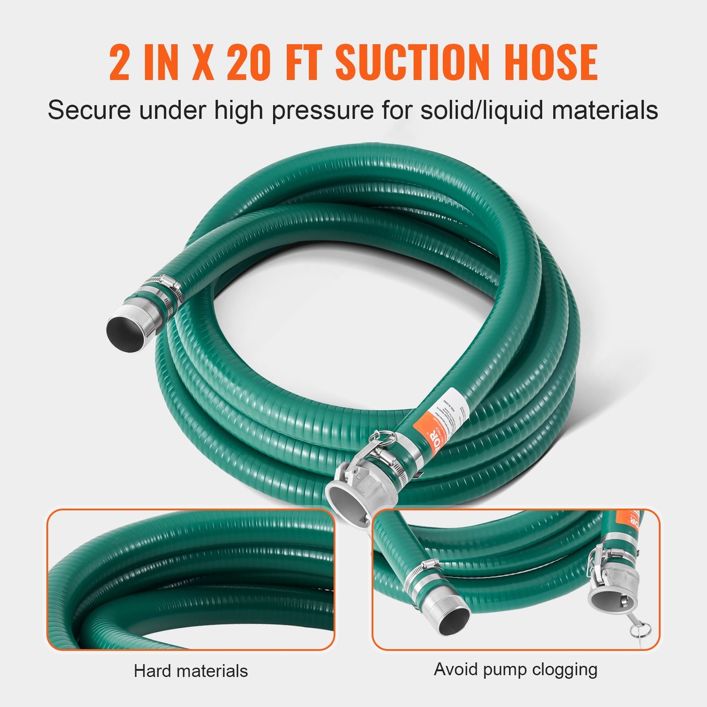 Suction Hose Kit for Water Pump, with 51 mm(2 in) x 19.8 m(65 ft) Blue Backwash Hose, 6.1 m(20 ft) Green Suction Hose, and Steel Round Hole Strainer, Camlocks, Clamps, Cam & Groove Adapter, for Multiple Purposes