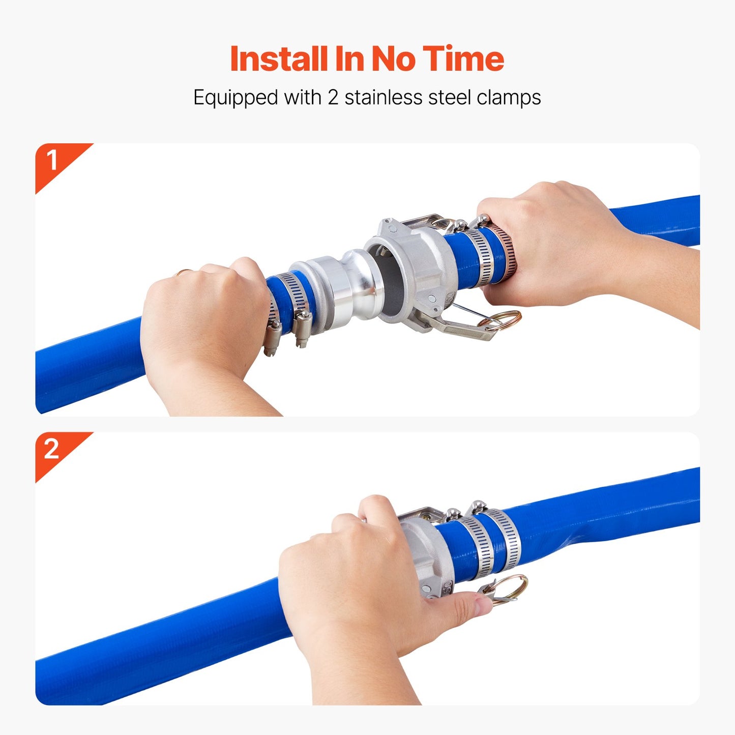 Spolslang, 38 mm (1,5 tum) x 30,5 m (100 fot), blå PVC-slang av hög kvalitet, med klämmor, kamlås, aluminiumkopplingar, passar olika pumpar, för avloppsrening, vattentransport och fler jordbruksändamål