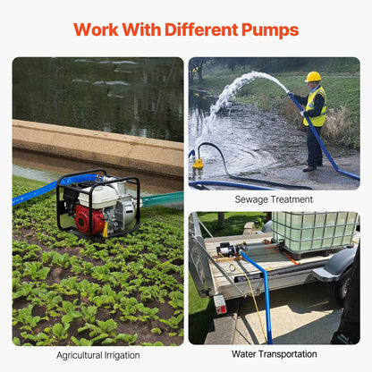 Spolslang, 38 mm (1,5 tum) x 30,5 m (100 fot), blå PVC-slang av hög kvalitet, med klämmor, kamlås, aluminiumkopplingar, passar olika pumpar, för avloppsrening, vattentransport och fler jordbruksändamål