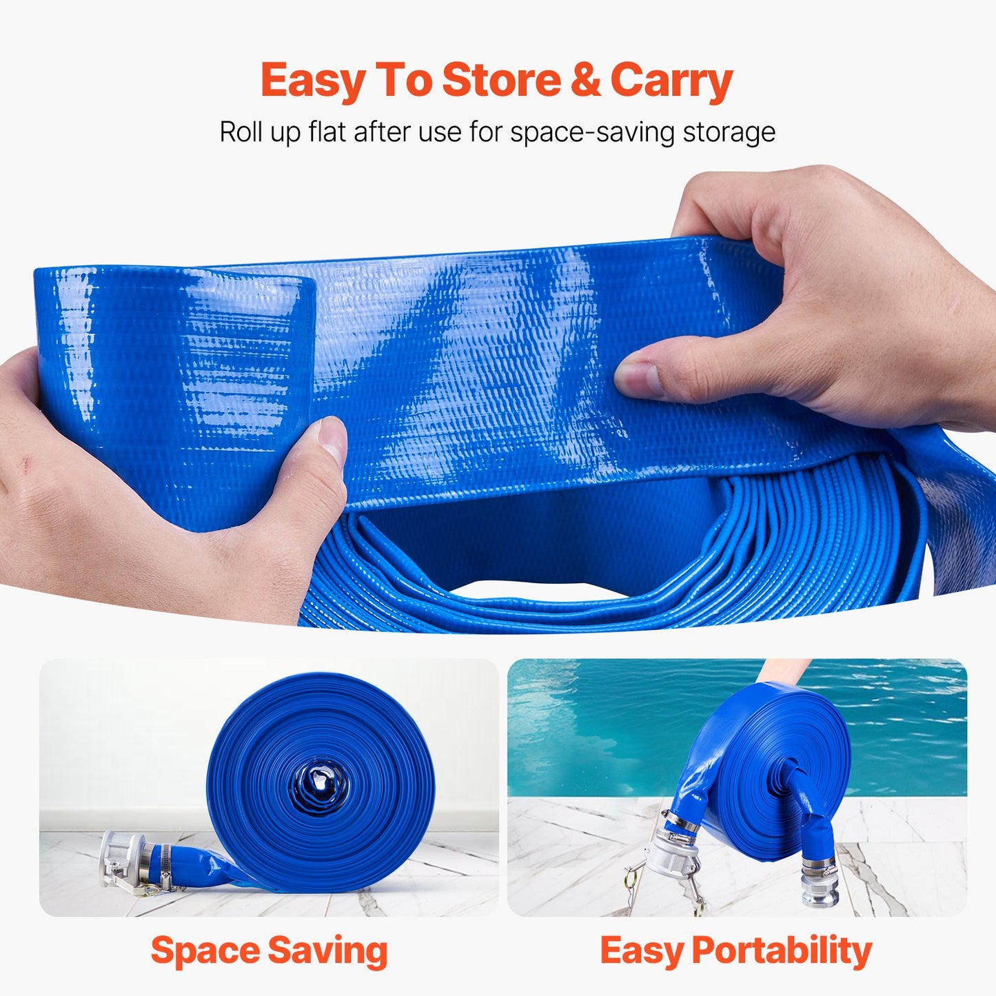 Backwash Hose, 51 mm(2 in) x 30.5 m(100 ft), Blue High Quality PVC Hose, with Clamps, Camlock, Aluminum Fittings, Fit Various Pumps, for Sewage Treatment, Water Transportation and More Agricultural Purposes