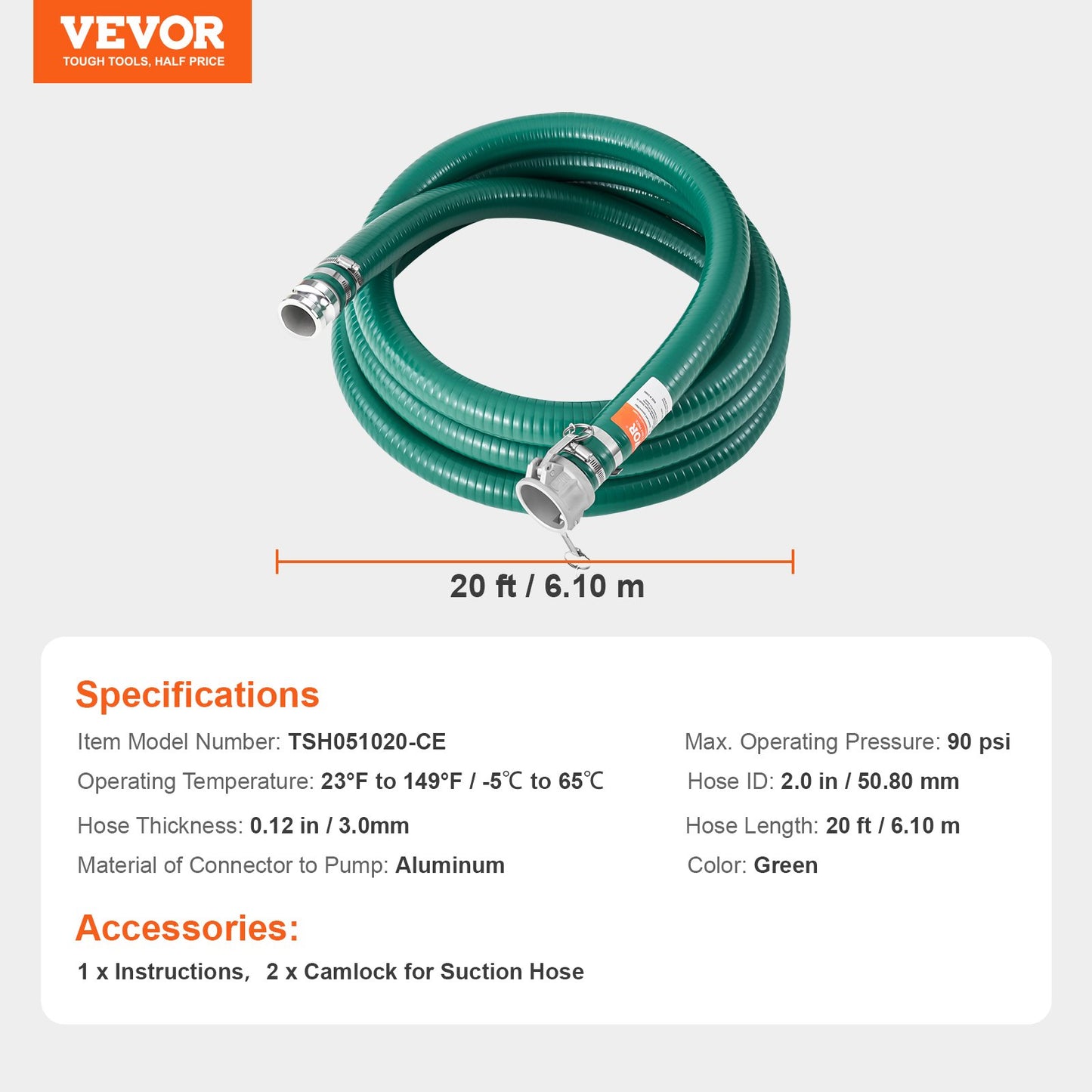 Sugslang, 51 mm (2 tum) x 6,1 m (20 fot), grön högkvalitativ slang, med Camlock-kopplingar och aluminiumkopplingar, passar olika pumpar, för avloppsrening, vattentransport och fler jordbruksändamål