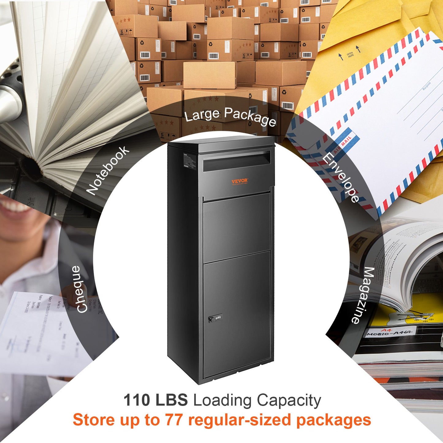 Paketleveranslådor för utomhusbruk 35,3 x 29,5 x 106,7 cm, leveranslåda i galvaniserat stål för paket med kodlås, stöldskyddsbaffel, IPX3 vattentät paketlåda för utomhusbruk, veranda, trottoarkant