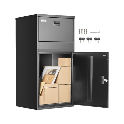 Paketleveranslådor för utomhusbruk, 38,6 tums brevlåda för paket med lås, paketlåda i galvaniserat stål med stöldskydd, väderbeständig paketbrevlåda för hem och kontor, svart