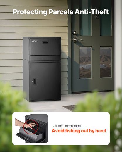 Paketleveranslådor för utomhusbruk, 38,6 tums brevlåda för paket med lås, paketlåda i galvaniserat stål med stöldskydd, väderbeständig paketbrevlåda för hem och kontor, svart