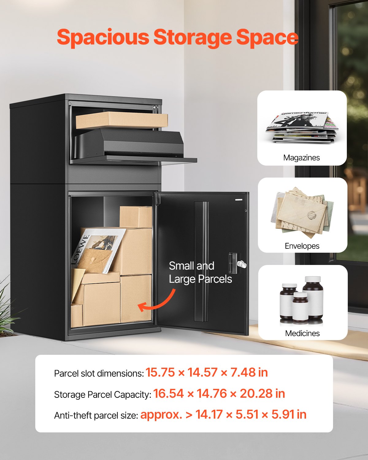 Paketleveranslådor för utomhusbruk, 38,6 tums brevlåda för paket med lås, paketlåda i galvaniserat stål med stöldskydd, väderbeständig paketbrevlåda för hem och kontor, svart