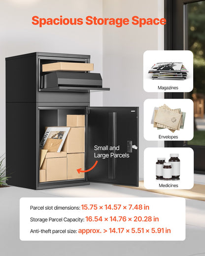 Paketleveranslådor för utomhusbruk, 38,6 tums brevlåda för paket med lås, paketlåda i galvaniserat stål med stöldskydd, väderbeständig paketbrevlåda för hem och kontor, svart