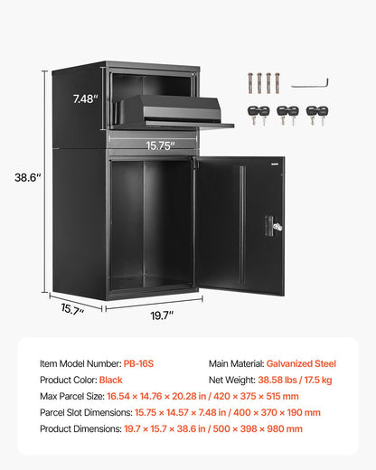 Paketleveranslådor för utomhusbruk, 38,6 tums brevlåda för paket med lås, paketlåda i galvaniserat stål med stöldskydd, väderbeständig paketbrevlåda för hem och kontor, svart