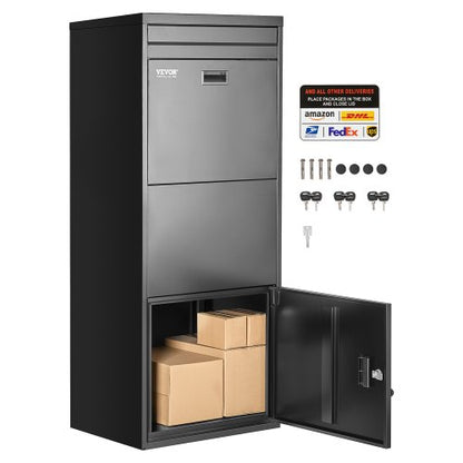 Paketleveranslådor för utomhusbruk, 47,2 tums brevlåda för paket med lås, paketlåda i galvaniserat stål med stöldskydd, väderbeständig paketbrevlåda för hem och kontor, svart