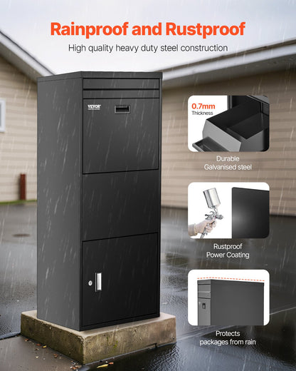 Paketleveranslådor för utomhusbruk, 47,2 tums brevlåda för paket med lås, paketlåda i galvaniserat stål med stöldskydd, väderbeständig paketbrevlåda för hem och kontor, svart