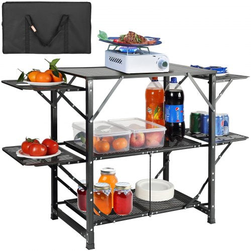 Campingköksbord, hopfällbar bärbar kokstation i ett stycke med bärväska, campingbord i aluminium, 4 sidobord i järn och 2 hyllor, perfekt för utomhuspicknick, grillfester, camping, husbilsresor
