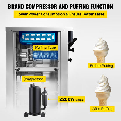 Soft Ice Cream Machine 2200W Commercial Vertical Soft Ice Cream Maker Machine 5.3 to 7.4 Gallons per Hour Ice Cream Machine for Restaurants Bars Cafes Bakeries