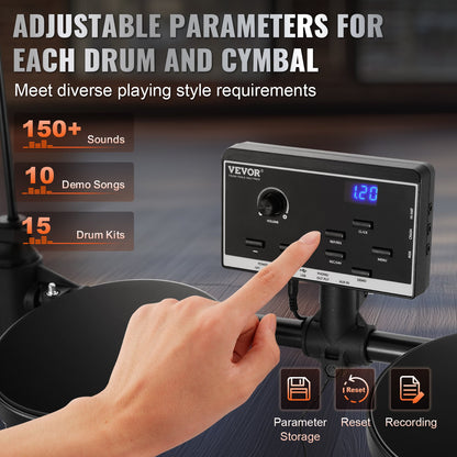 Elektriskt trumset, 15 trumset och 150 ljud, elektroniskt trumset, USB MIDI-stödd 6,5 tum tyst mesh-virveltrumset med 10 tums cymbaler, trumstockar och hörlurar, för nybörjare och vuxna