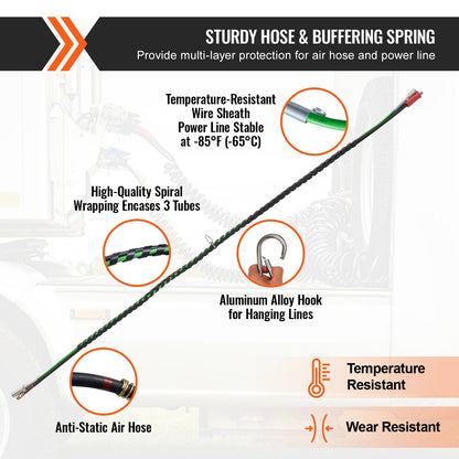 15FT Semi Truck Air Lines Kit, 3-in-1 Air Hoses & ABS Power Line for Semi Truck Trailer Tractor, 7-Way Plug Electrical Cord Cable and Rubber Air Lines Hose Assembly Kit with Hook & Teflon Tape