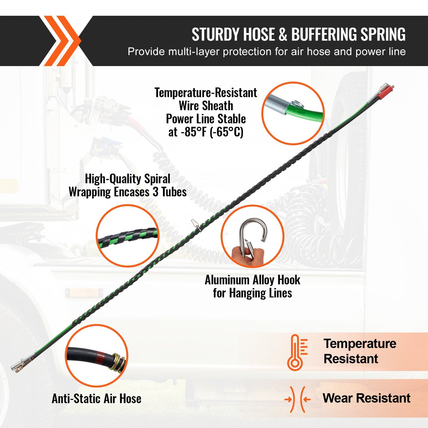12FT Semi Truck Air Lines Kit, 3-in-1 Air Hoses & ABS Power Line for Semi Truck Trailer Tractor, 7-Way Plug Electrical Cord Cable and Rubber Air Lines Hose Assembly Kit with Hook & Teflon Tape