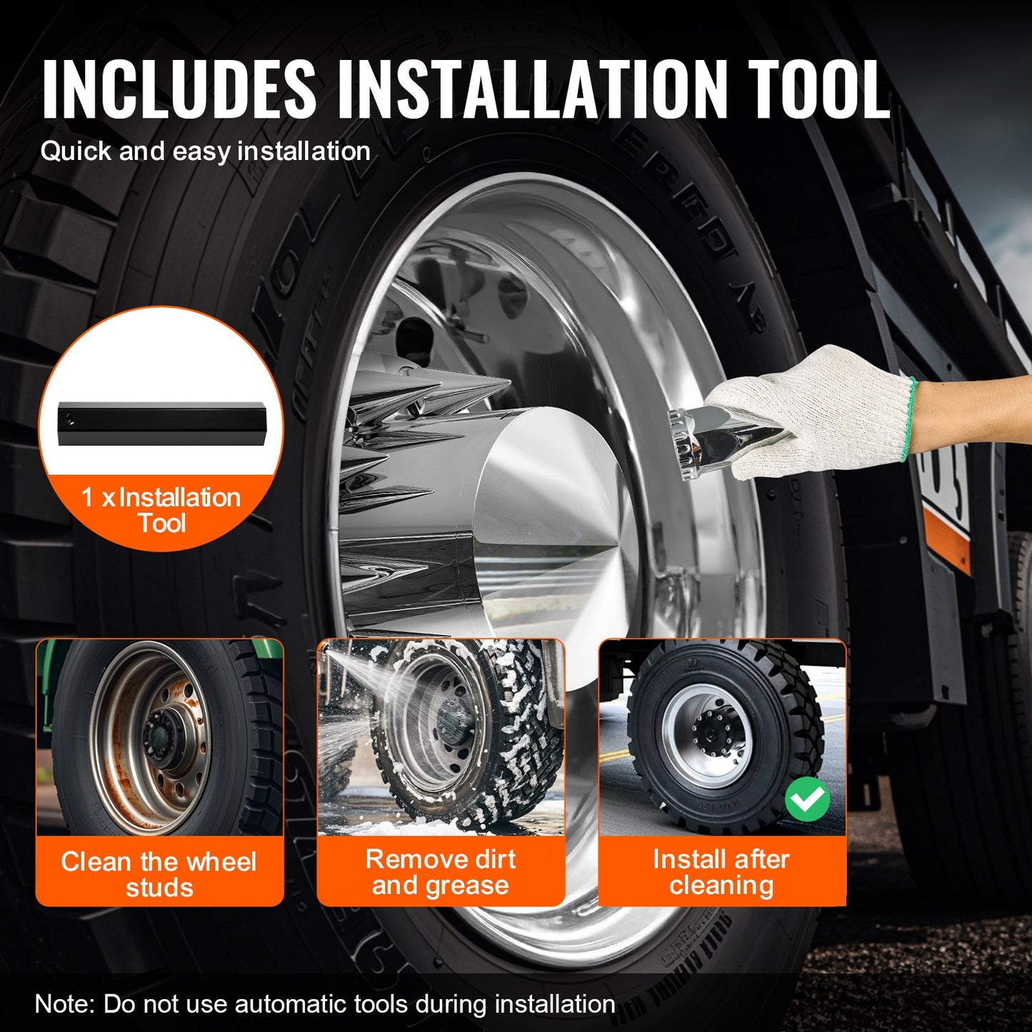 Rear Axle Wheel Covers, Spiked Axle Cover for Semi Truck, ABS Electroplate Rust-Resistant Lug Nut Covers, Universal Fit, Installation Tool Included, Complete Axle Cover Combo Kit