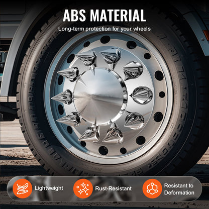 Hjulskydd för bakre framaxel, Spikade axelskydd för lastbil, Rostbeständiga hjulmuttrarskydd i ABS, Universalpassning, Monteringsverktyg ingår, Kombinationssats för 2 navskydd fram och 4 bakaxel