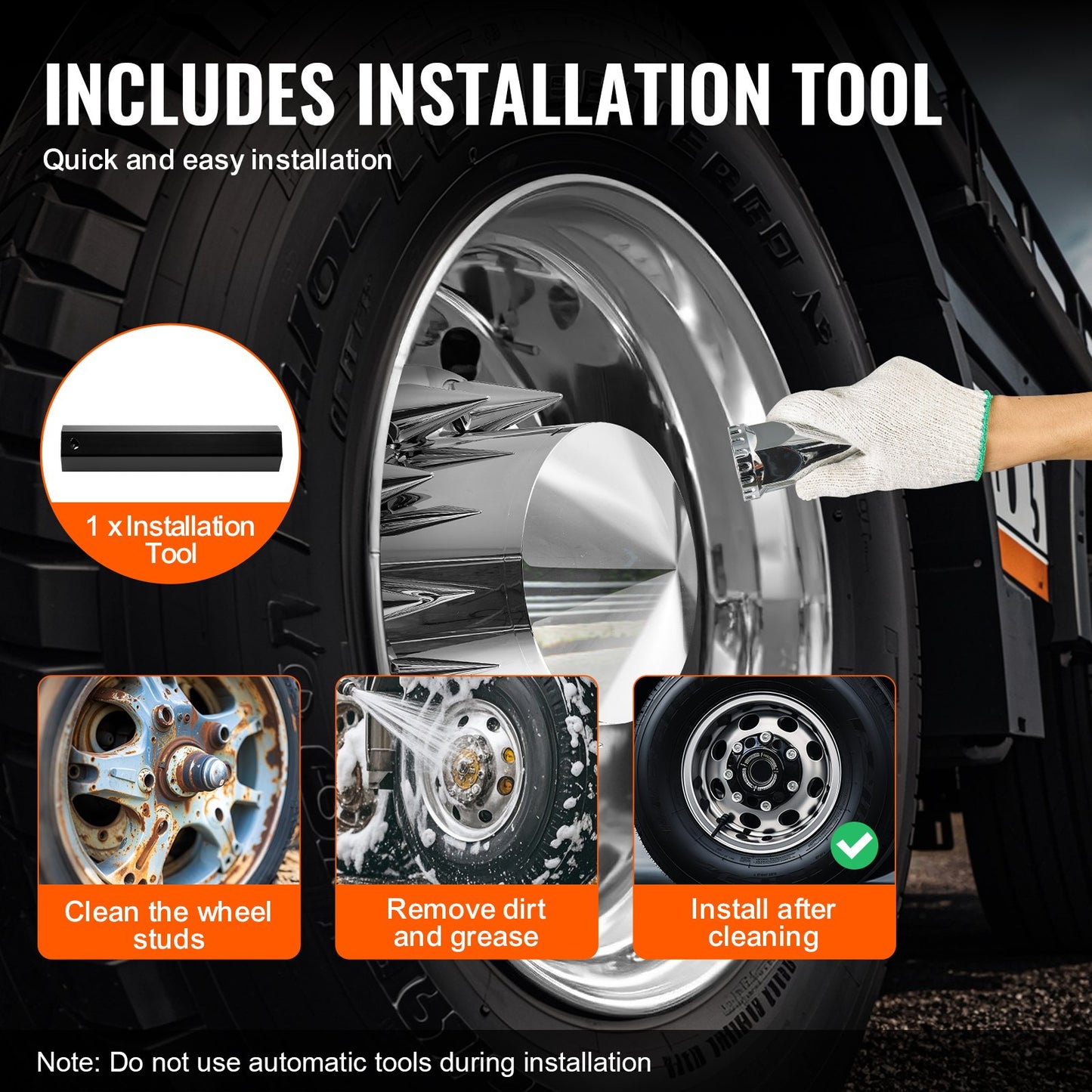 Hjulskydd för bakre framaxel, Spikade axelskydd för lastbil, Rostbeständiga hjulmuttrarskydd i ABS, Universalpassning, Monteringsverktyg ingår, Kombinationssats för 2 navskydd fram och 4 bakaxel