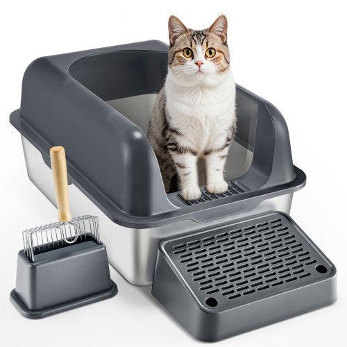 Cat Litter Box, 6 inches Deep, XL Extra Large Stainless Steel Cat Litter Box with Scoop, Wide Filtering Foot Board & High Sides, Enclosed Odor-Free Easy-to-Clean Litter Box, Fit for Big Cats