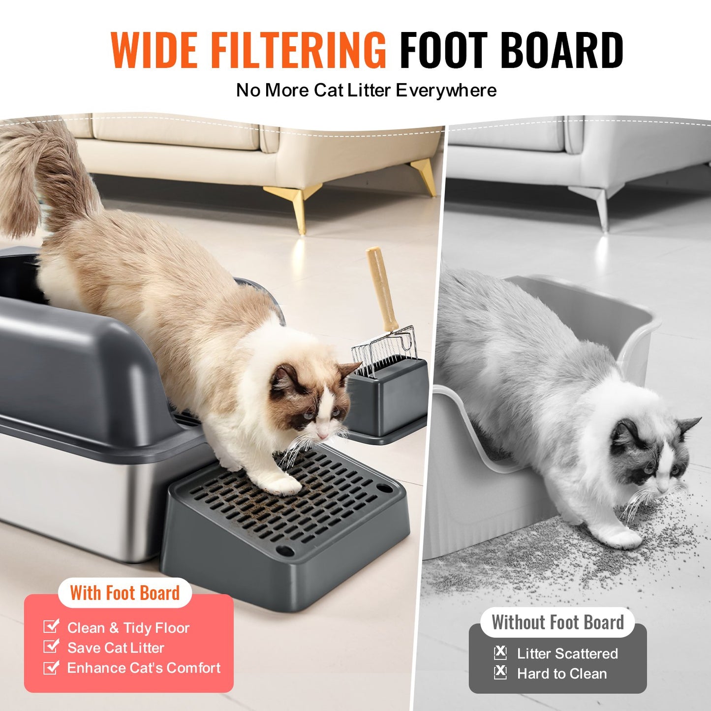Cat Litter Box, 6 inches Deep, XL Extra Large Stainless Steel Cat Litter Box with Scoop, Wide Filtering Foot Board & High Sides, Enclosed Odor-Free Easy-to-Clean Litter Box, Fit for Big Cats
