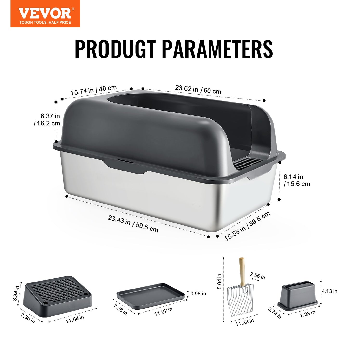 Cat Litter Box, 6 inches Deep, XL Extra Large Stainless Steel Cat Litter Box with Scoop, Wide Filtering Foot Board & High Sides, Enclosed Odor-Free Easy-to-Clean Litter Box, Fit for Big Cats