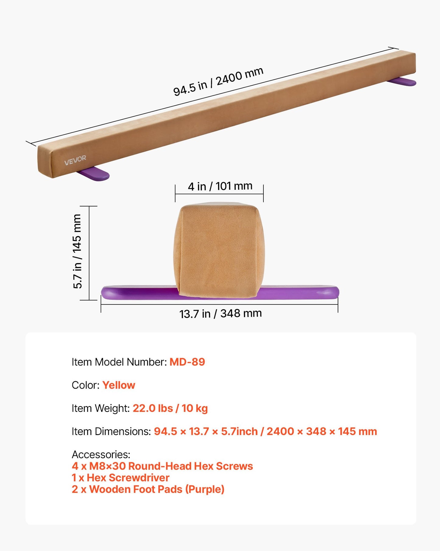 8FT Balance Beam for Kids, 158.7 KG Stable Support Gymnastics Floor Beam with Non-Slip Wooden Mats, Wood-Core Gymnastics Training Equipment with Anti-Slip Bottom for Home and Gym, Yellow