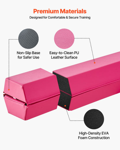 2,4 m hopfällbar balansbom för barn, 90,7 kg stabilt stöd för gymnastikgolv med halkfria mattor, gymnastikträningsutrustning med halkfri botten och bärväska för hemmagym, rosa