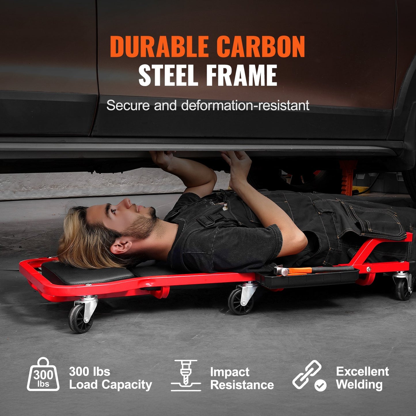 Mechanic Garage Creeper, 1118 mm, 136.1 kg Capacity Automotive Rolling Creeper with 6 Casters Adjustable Cushioned Headrest Tool Tray, Heavy Duty Steel Frame for Garages, Repair Shops, and DIY