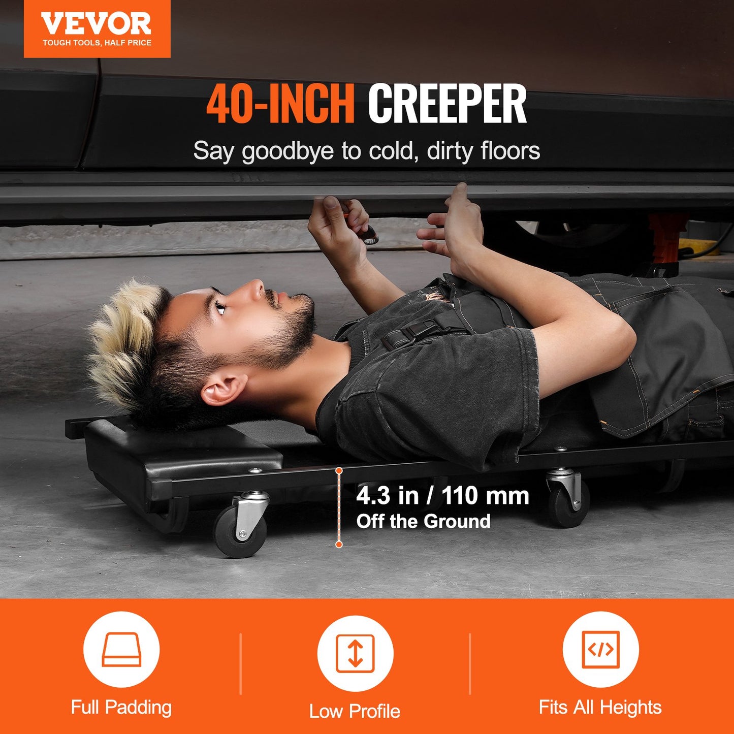 Mekanisk garagekrypvagn, 1016 mm, 136,1 kg kapacitet Rullande krypvagn för bilar med 6 hjul Justerbart vadderat nackstöd, kraftig stålram Lågprofil för garage, verkstäder och gör-det-själv-projekt