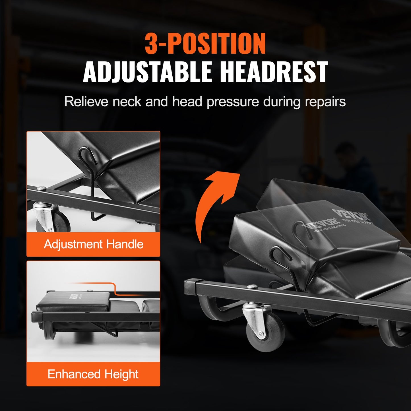 Mekanisk garagekrypvagn, 1016 mm, 136,1 kg kapacitet Rullande krypvagn för bilar med 6 hjul Justerbart vadderat nackstöd, kraftig stålram Lågprofil för garage, verkstäder och gör-det-själv-projekt
