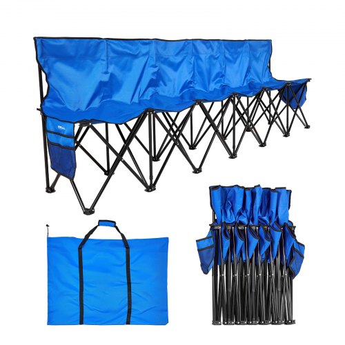 Portable Folding Bench, 6 Seat Foldable Soccer Bench with Side Pockets and Carrying Bag, Lightweight Sideline Seating with Back Rest for Football, Baseball, Camping, Outdoor Events, Blue