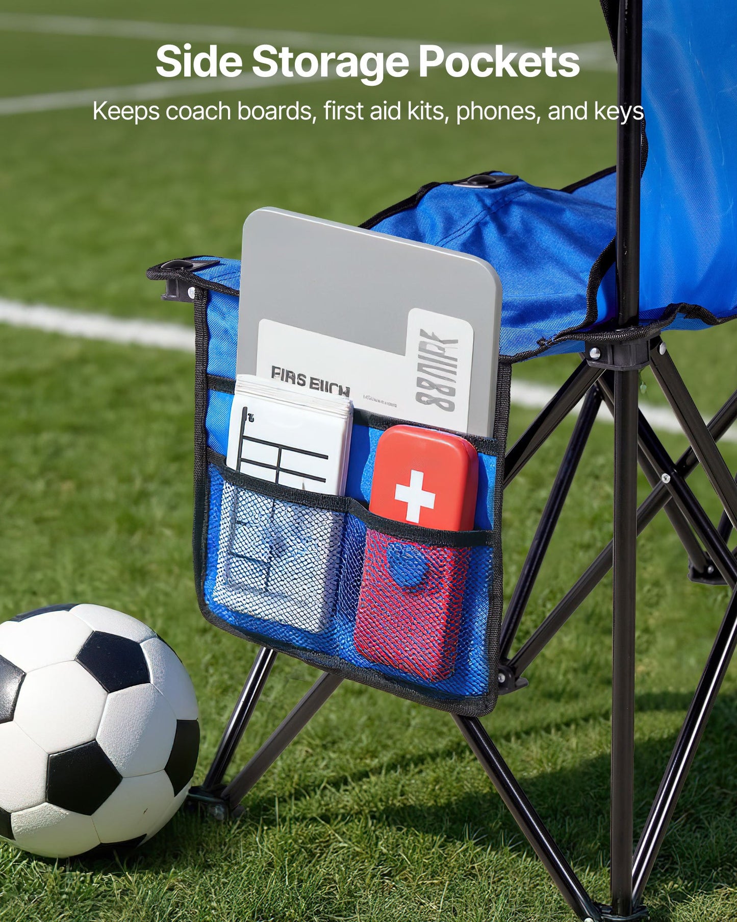 Portable Folding Bench, 6 Seat Foldable Soccer Bench with Side Pockets and Carrying Bag, Lightweight Sideline Seating with Back Rest for Football, Baseball, Camping, Outdoor Events, Blue