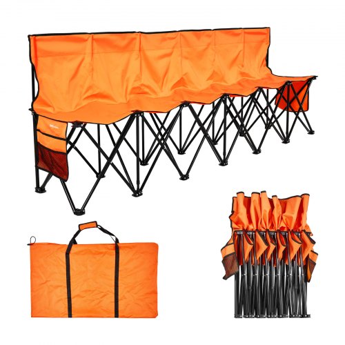 Portable Folding Bench, 6 Seat Foldable Soccer Bench with Side Pockets and Carrying Bag, Lightweight Sideline Seating with Back Rest for Football, Baseball, Camping, Outdoor Events, Orange