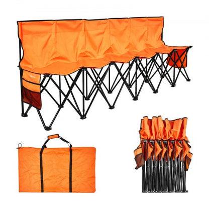 Portable Folding Bench, 6 Seat Foldable Soccer Bench with Side Pockets and Carrying Bag, Lightweight Sideline Seating with Back Rest for Football, Baseball, Camping, Outdoor Events, Orange