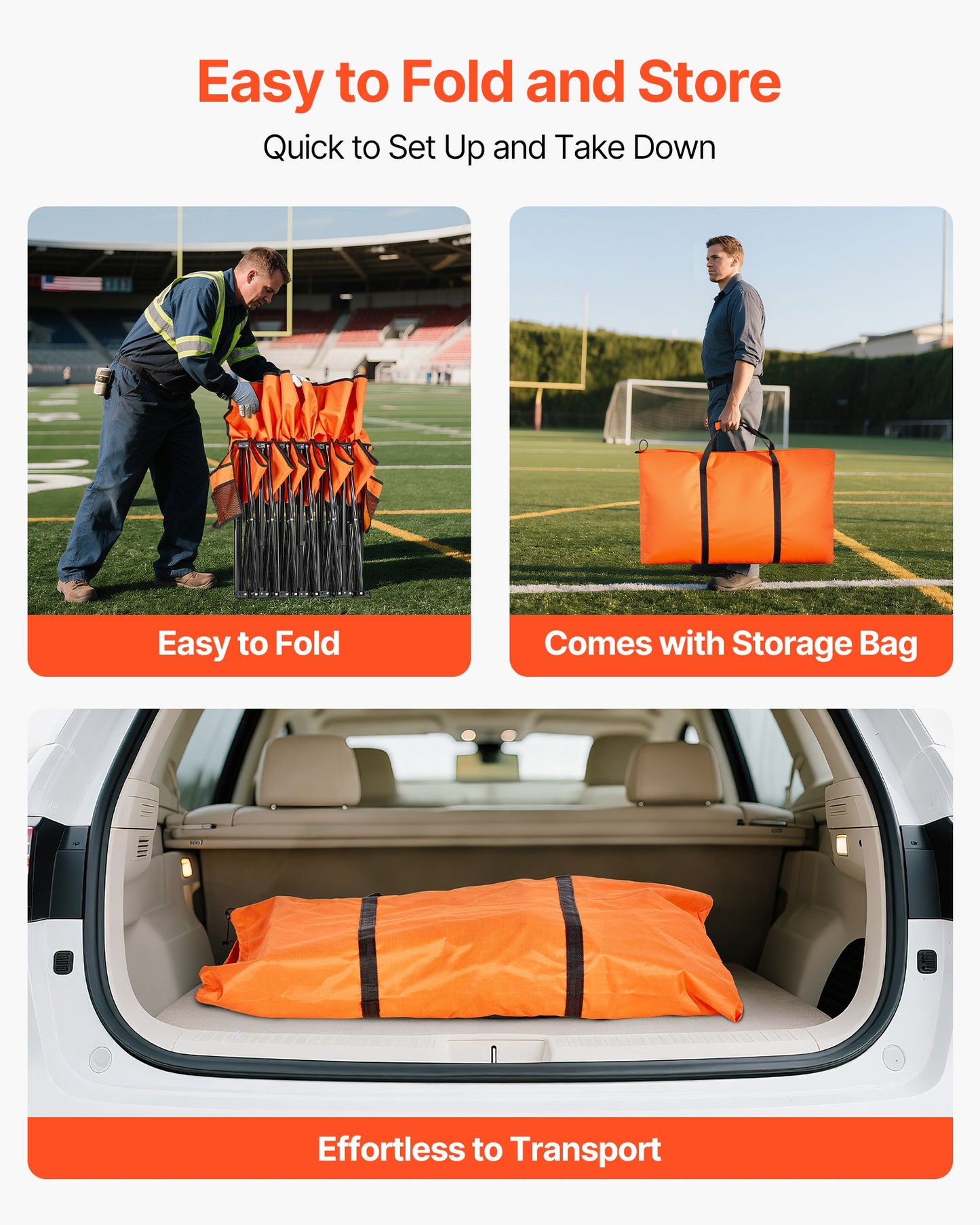 Portable Folding Bench, 6 Seat Foldable Soccer Bench with Side Pockets and Carrying Bag, Lightweight Sideline Seating with Back Rest for Football, Baseball, Camping, Outdoor Events, Orange