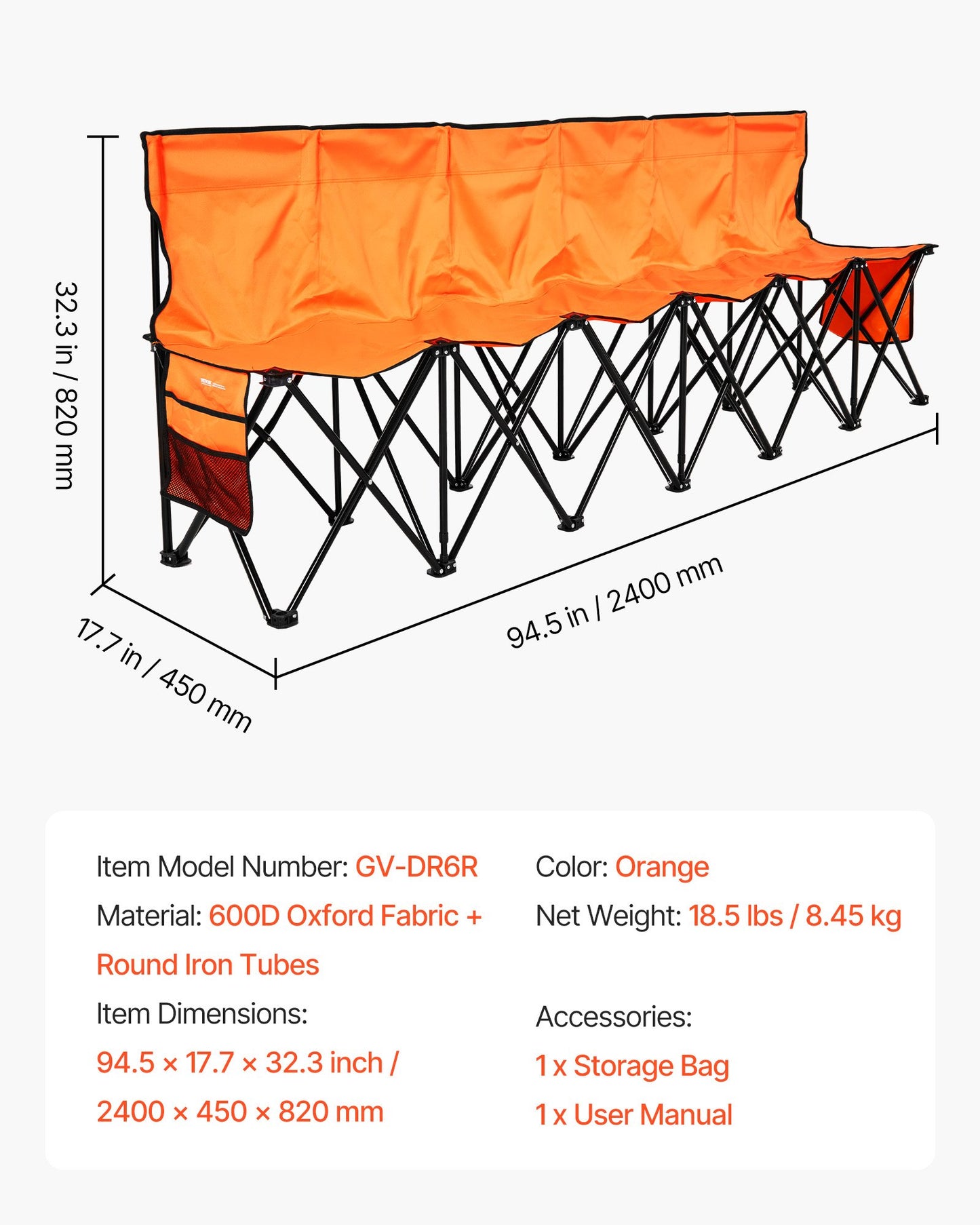 Portable Folding Bench, 6 Seat Foldable Soccer Bench with Side Pockets and Carrying Bag, Lightweight Sideline Seating with Back Rest for Football, Baseball, Camping, Outdoor Events, Orange