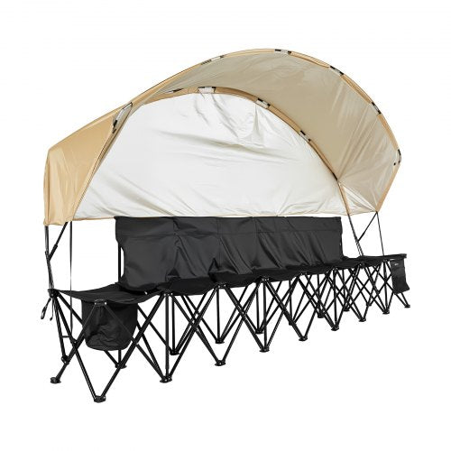 Portable Folding Bench, 6 Seat Soccer Bench with Storage Pockets Cup Holders & Carrying Bag, Lightweight Sideline Seating with Sunshade for Football, Baseball, Camping, Outdoor Events, Black
