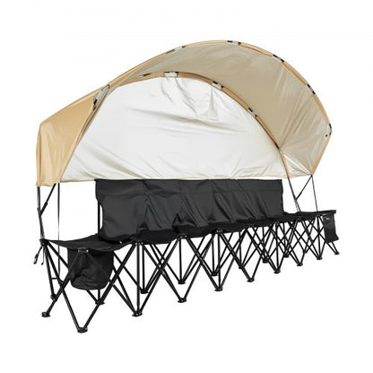 Portable Folding Bench, 6 Seat Soccer Bench with Storage Pockets Cup Holders & Carrying Bag, Lightweight Sideline Seating with Sunshade for Football, Baseball, Camping, Outdoor Events, Black