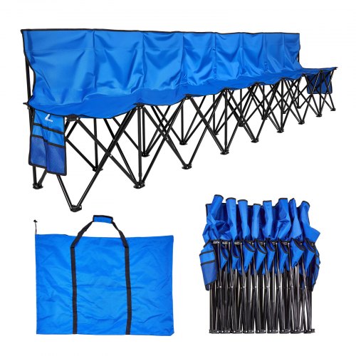 Portable Folding Bench, 8 Seat Foldable Soccer Bench with Side Pockets and Carrying Bag, Lightweight Sideline Seating with Back Rest for Football, Baseball, Camping, Outdoor Events, Blue