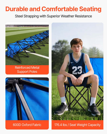 Portable Folding Bench, 8 Seat Foldable Soccer Bench with Side Pockets and Carrying Bag, Lightweight Sideline Seating with Back Rest for Football, Baseball, Camping, Outdoor Events, Blue