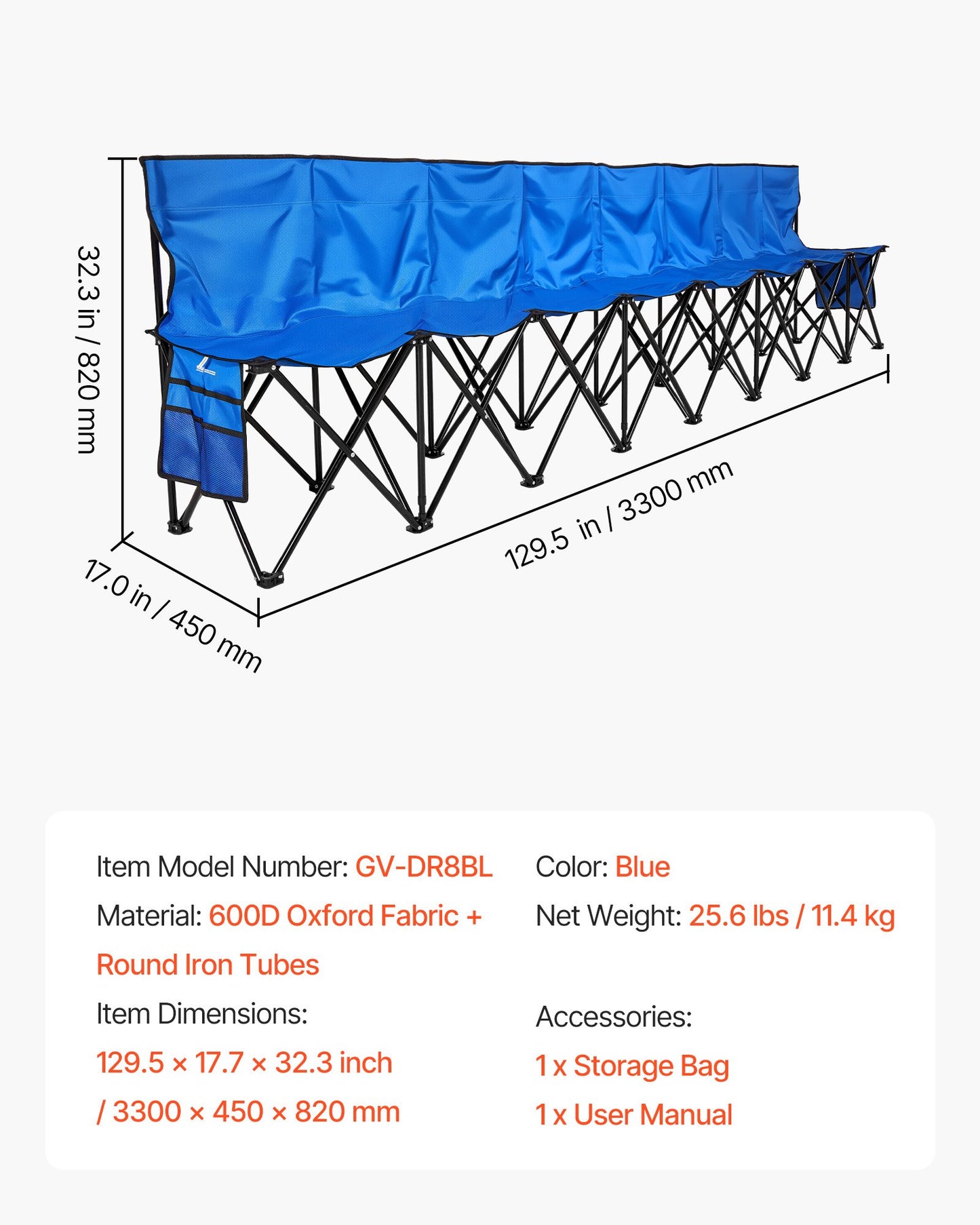 Portable Folding Bench, 8 Seat Foldable Soccer Bench with Side Pockets and Carrying Bag, Lightweight Sideline Seating with Back Rest for Football, Baseball, Camping, Outdoor Events, Blue