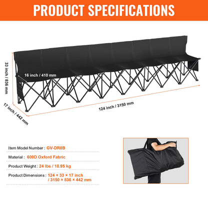 Bärbar hopfällbar bänk, hopfällbar fotbollsbänk med 8 platser, sidofickor och bärväska, lätt sidosittplats med ryggstöd för fotboll, baseboll, camping, utomhusevenemang, svart