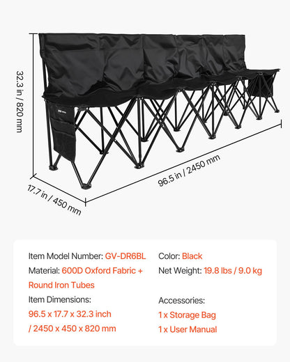 Bärbar hopfällbar bänk, fotbollsbänk med 6 platser, flera förvaringsfickor och bärväska, lätt sidosittplats med ryggstöd för fotboll, baseboll, camping, utomhusevenemang, svart